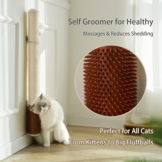 Wall Mounted Cat Scratcher, 34” Extra-Tall Vertical Sisal Scratching Post for Large Cats, Space-Saving Wall Cat Scratcher with Self Grooming Brush & Hanging Ball, Beige