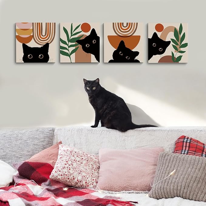 4 PCs Boho Cat Canvas Wall Art Framed Wall Decor, Botanical Wall Decor Bohemian Decor, Cat Lover Gifts, Cat Themed Gifts Art Prints Paintings, Cat Pictures Home Decor for Kitchen Bedroom Farmhouse