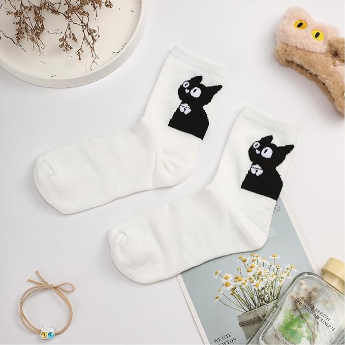 7-Piece Adorable Cat Lover Gift Set for Women | Cute Cosmetic Bag, Glass Straw Cup,Cat Print Socks & Kitty Designs Hair Accessories (Clips + Headband) | Perfect Birthday Christmas Gifts for Girls