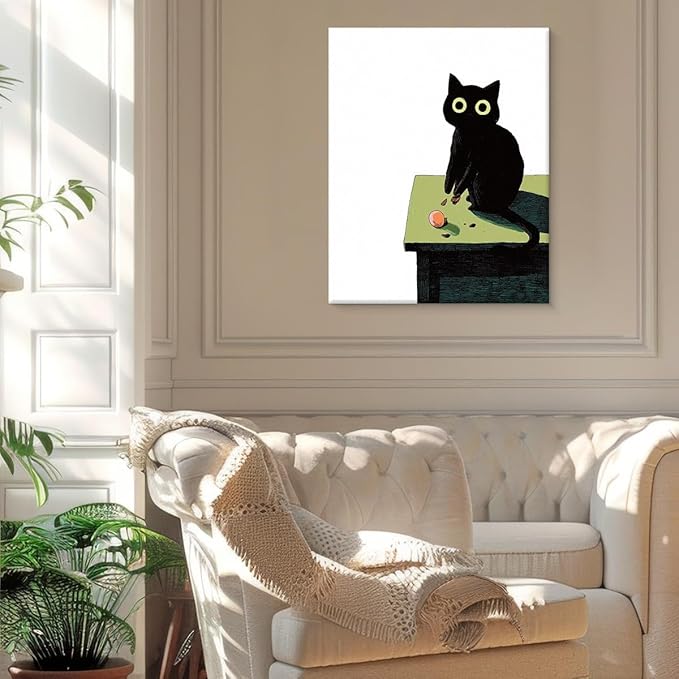 Modern Black Cat Wall Art Decor Cute Cartoon Kitten Print Picture Cat Lover Gifts Wall Decor for Home Living Room 8x10 Inch Canvas Framed