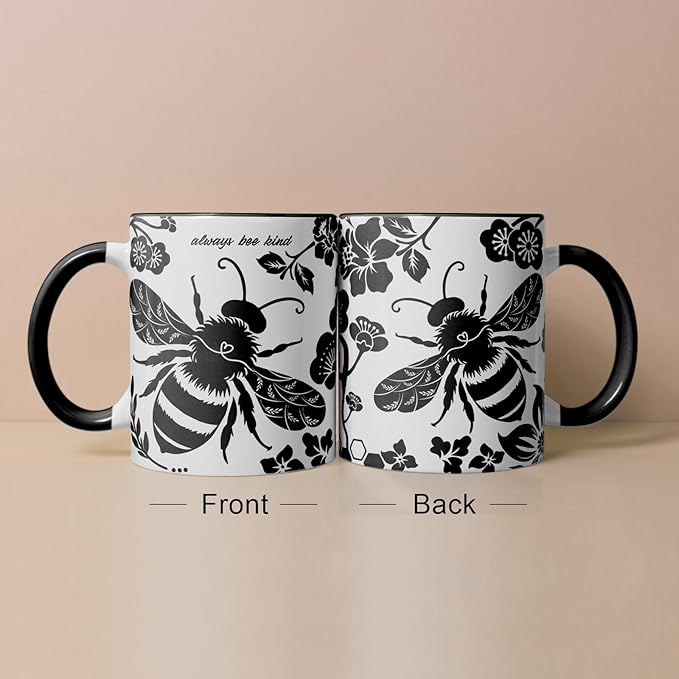 Bee Cups 11Oz Valentines Day Birthday Gift for Woman, Bee Gifts for Women Black and White Boho Coffee Mug, Bumble Bees Gifts Cute Coffee Mug for Women Microwave & Dishwasher Safe