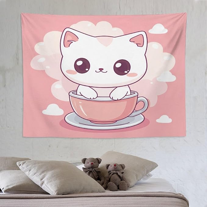 Tapestry Kawaii Cat Aesthetic Bedroom Tapestries Cat Lover Gifts Tapestry Wall Hanging Wall Hanging for Dorm Living Room Landscape 60"x80" Wall Hanging for Home Decor Bedroom Living Room Dorm Decor