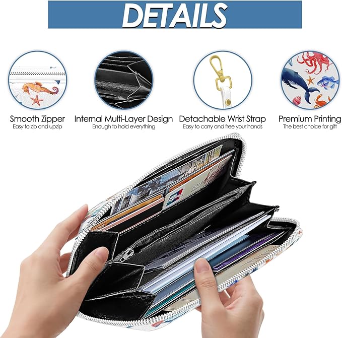 Womens Wallet, Sea Animals Wristlet Wallet For Women, Marine Life Card Holder Purse With Zipper, Birthday Christmas Graduation Gifts For Women, Aesthetic Office Daily Purse