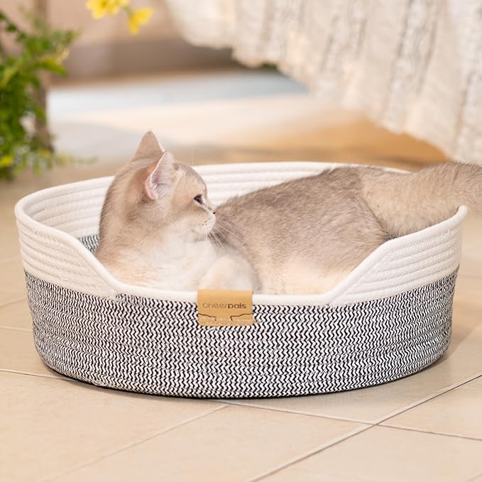 CHEERHOME PETS Cat Bed Basket with Cushion, Cotton Rope Woven Pet Bed for Indoor Cats Couch, Kitten Bed for Medium and Large Cat, All Season Universal (Grey)