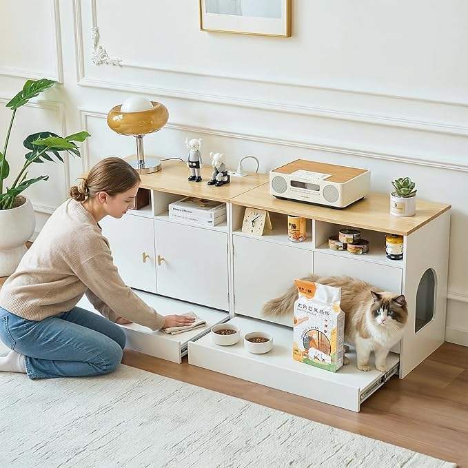 Cat Litter Box Enclosure for 2 Cats, TV Stand with Storage & Outlet, 63" Double Litter Box Enclosure Furniture, Wooden Enclosed Litter Box Cabinet, 63”L x 15.7”W x 23.6”H, White & Wood