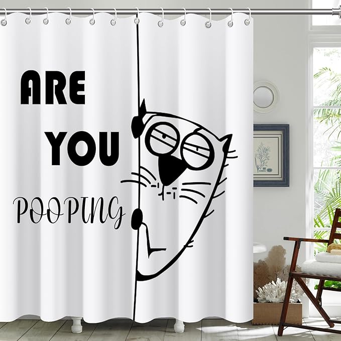 Humor White and Black are You Pooping Shower Curtain,Funny Silly Cat Shower Curtains,Novelty Waterproof Polyester Minimalism Bathroom Decor,72x72 in