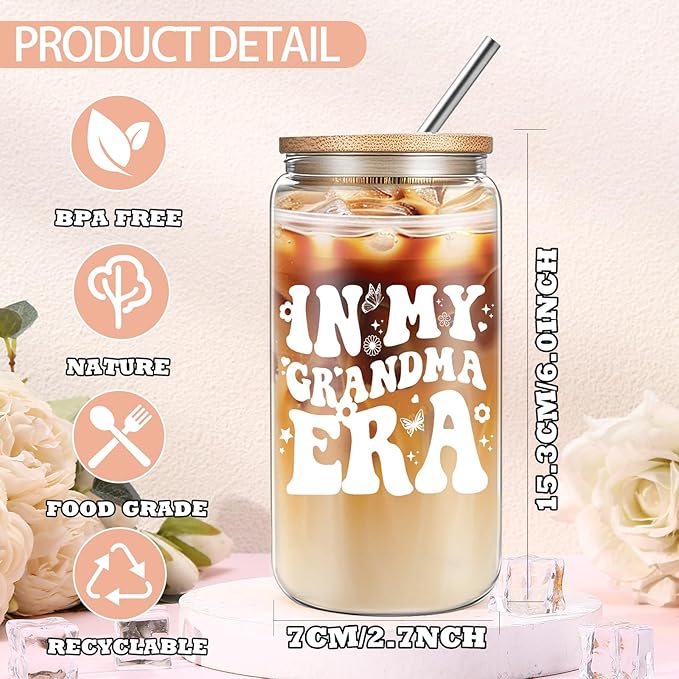 Grandma Birthday Gifts from Granddaughter Grandson, Grandma Christmas Gifts, Thanksgiving Ideas Gift with 16 Oz Glass Cup for Nana GiGi Mimi Grandmother