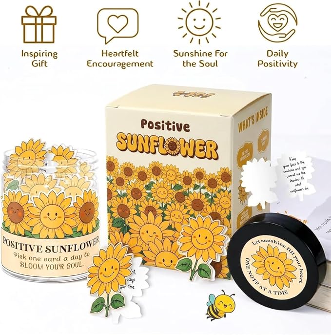 DEARMINE Positive Sunflower Jar with 60 Daily Affirmation Cards, Emotional Support Gift, Sunflower Gifts for Women, Birthday or Get Well Gifts