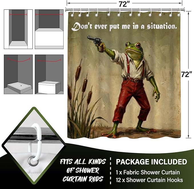 Funny Frog Shower Curtain for Bathroom,Vintage Danger Frog Meme Waterproof Polyester Shower Curtains,Retro Animal Cottagecore Art Bathroom Decor Accessories,72x72 Inch