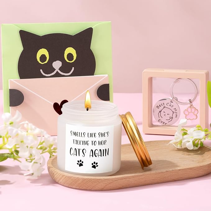 Cat Lover Gifts for Women, Cat Gifts for Women, Cat‘s Themed Gift for Christmas Mother's Day Birthdays, Funny Gift for Cats Lovers for Crazy Cats Lady Mom Daughters with Glass Cup Scented Candle Socks
