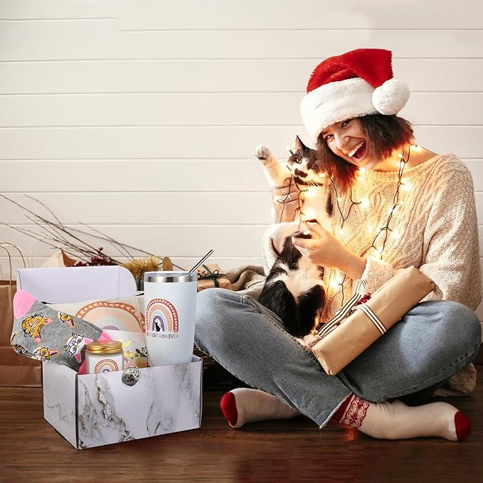Kolewo4ever 7 Pieces Gifts for Cat Lovers,Cat Lover Gifts for Women,Christmas Gift for Women,Cats Gift for Lovers with Makeup Bag,Socks,Greeting Cards,Candle,Tumbler,Keychain