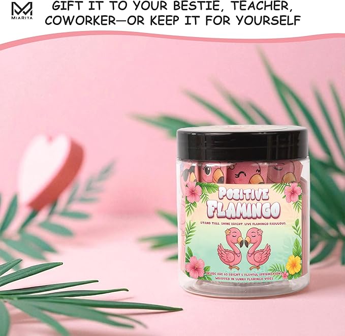 Miarita Positive Flamingo Jar – 60 Affirmation Cards for Anxiety & Self Care, Flamingo Gifts for Women, Teens & Sister, Friends, Cards to Reduce Anxiety & Increase Relaxation, White Elephant Gifts