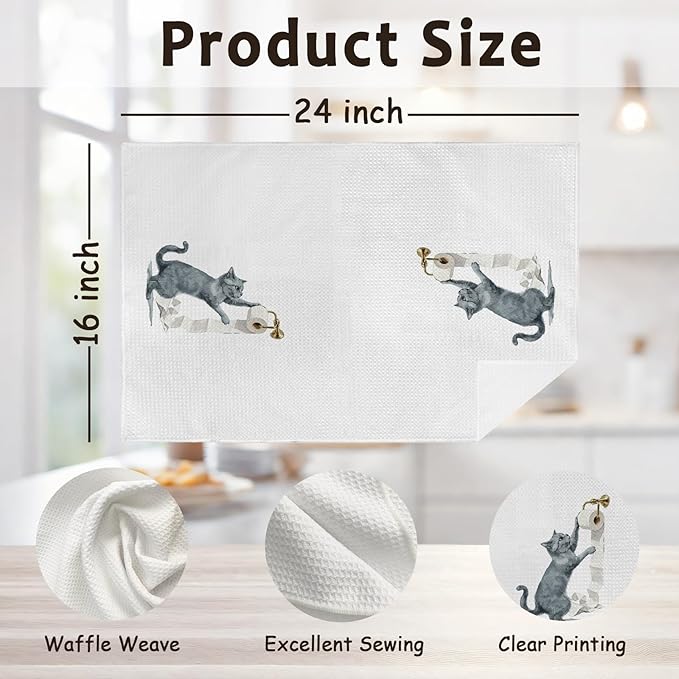 Funny Gray Cat Gifts Hand Towels for Bathroom Washroom Toilet Decor, Grey Cat Lover Gift Decorative Hand Towels Set of 2, Cute Cats Themed Dish Tea Towels for Kitchen Decorations, 16x24 Inch