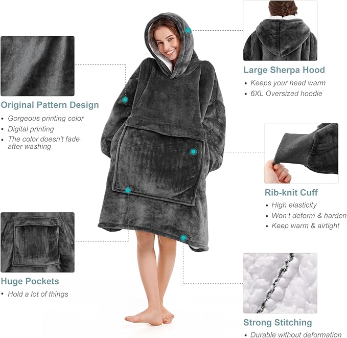 Narecte Cozy Oversized Blanket Hoodie Wearable Blanket Adults Soft Hooded Blanket Hoodie Birthday Gifts for Women Christmas