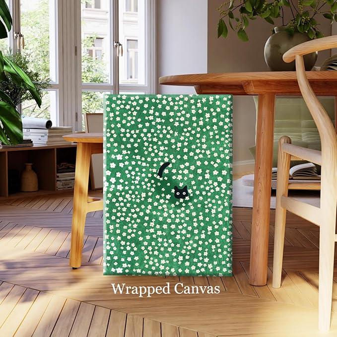 Black Cat Canvas Wall Art, Cute Cat In Daisies Meadow Aesthetic Poster, Adorable Animal Picture Rich Green Print Painting for Bedroom, Nursery Wall Decor Pet Lover Gift 12x16in Wrapped Canvas