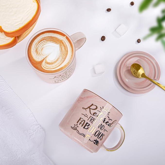 Retirement Gift for Woman 2026 - Retirement Gifts for Women, Coworker Leaving, Farewell, Going Away, Goodbye Gifts, Retired Free And Fabulous -14oz Pink Marble Coffee Mug, Gift Box