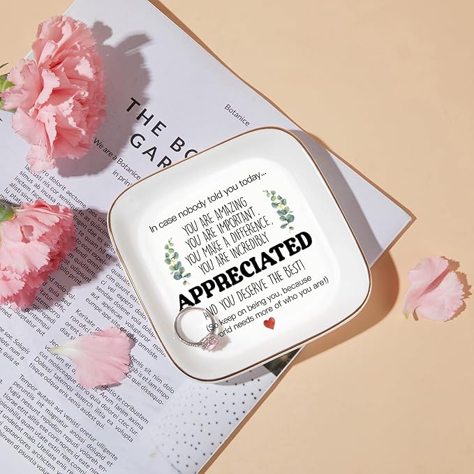 PUDDING CABIN Inspirational Gift Trinket Dish - Thank You Gifts for Women Friends - Teacher Appreciation Gifts for Coworker Employee Staff- Motivational Quote Jewelry Tray(4 x 4 Inches)