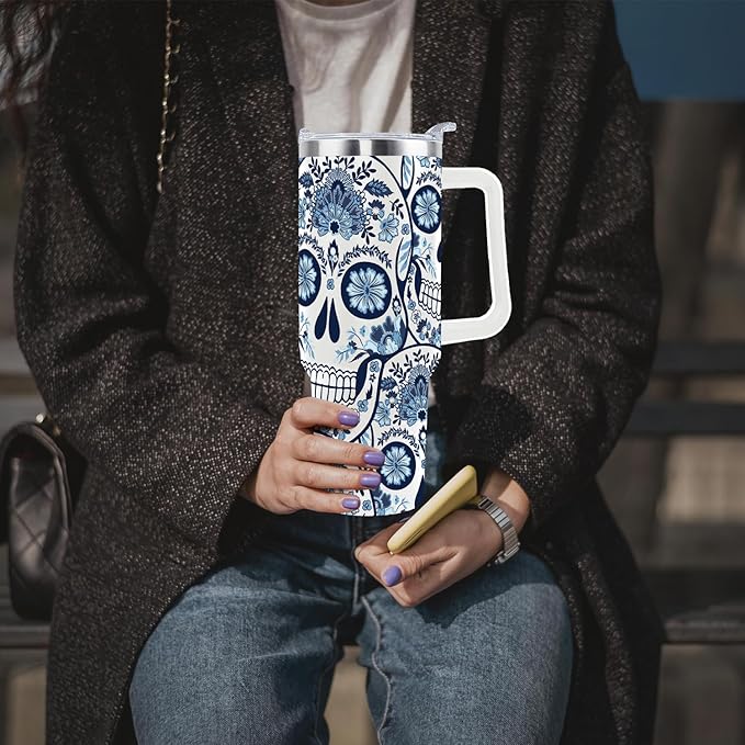 Goth Gifts Goth Tumbler Halloween Tumbler 40 Oz Sugar Skull Gifts Cup For Women Men Spooky Skeleton Travel Mug with Handle Lid and Straw