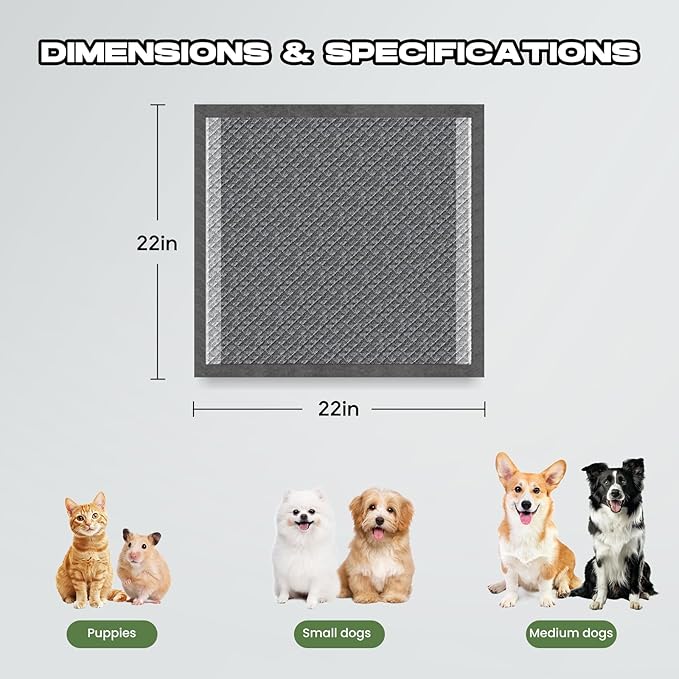 Charcoal Puppy Pads 100 Counts,22"x22" Dog Pee Pads Small Disposable Activated Carbon Super Absorbent Full Edge-Wrapping Pee Pads Odor-Control Training Pads for Doggie Cats Rabbits