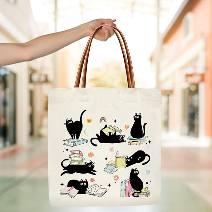Black Cat Mom Book Lover Tote Bag for Women, Black Cat Gifts for Women Pet Owner, Mother's Day Birthday Kitten Gifts Grocery Lover Books Reader Aesthetics Tote Bag -PI07