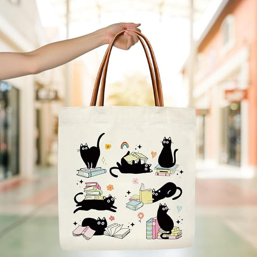 Black Cat Mom Book Lover Tote Bag for Women, Black Cat Gifts for Women Pet Owner, Mother's Day Birthday Kitten Gifts Grocery Lover Books Reader Aesthetics Tote Bag -PI07