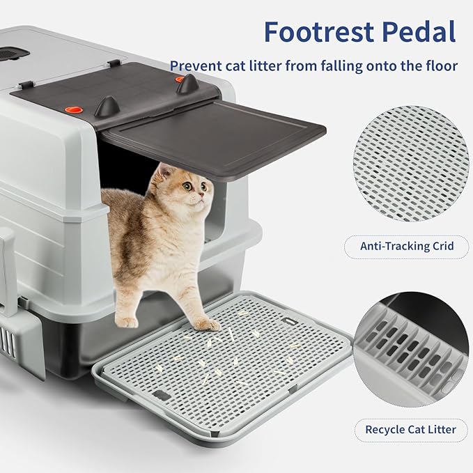 XXXL Stainless Steel Litter Box with Lid, Extra Large 28" L x 20" W x 17" H Enclosed Metal Cat Litter Box with Litter Scoop & Foot Pedal, Odor Control for Big Cats, Multiple Cats (Light Grey)