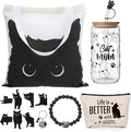 Cat Mom Gifts for Women,Black Cat Themed Gift Set with Glass,Canvas Tote Bag,Makeup Bag,Keychain,Bracelet and Magnetic Bookmarks,Unique Cat Lover Gift Box for Mother’s Day