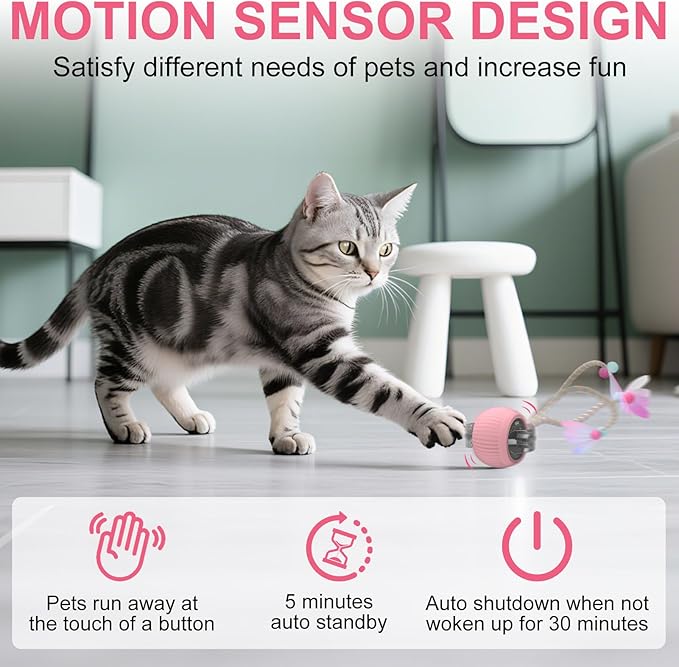 Interactive Cat Ball Toy Active Smart Rolling Balls Automatic Kitten Toys with Elastic Mesh Tail Rechargeability Motion Activated Pet Ball for Indoor Cats