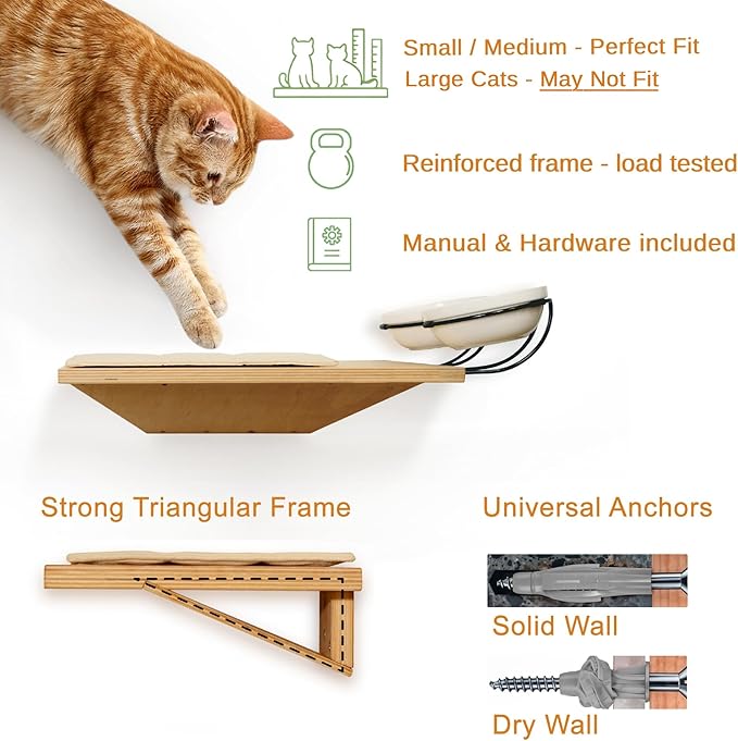 Wall Mounted Cat Shelves with Elevated Ceramic Feeding Station–Scandinavian Floating Design, Solid Plywood, Two Climbing Steps with Cotton Mats, Modern Cat Wall Furniture Set 300 ml Bowls