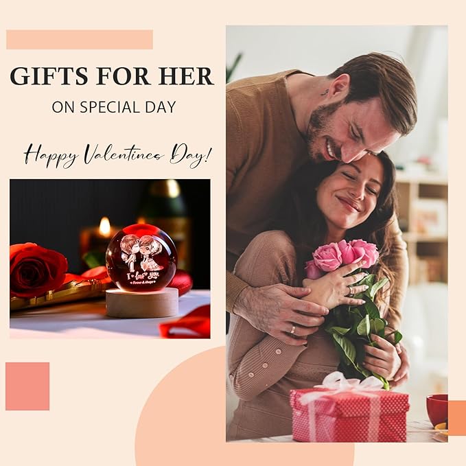 IFOLAINA 3D Couple Crystal Ball Valentine's Gifts for Her 2.36" Engraved Glass Couple Sphere Gifts with Colorful Lighted Base Decorative Glass Ball Romantic Anniversary Decor Wife Birthday Gifts