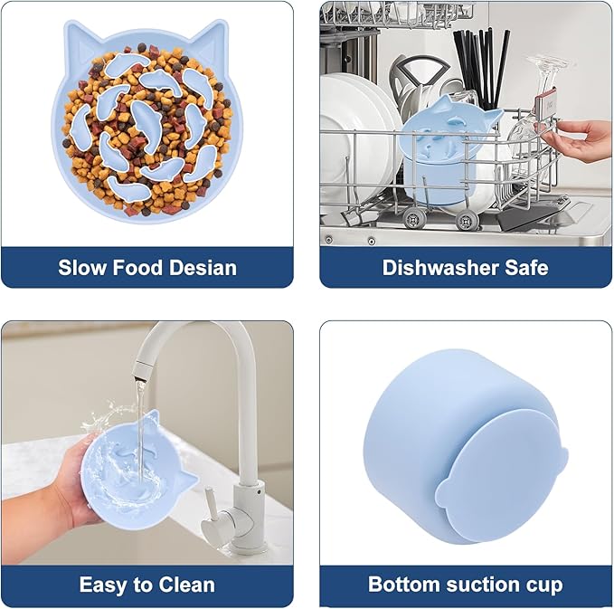 Cat Slow Feeder, Elevated Slow Feeder Bowl Tilt Design, No Black Chin, Tilted Design, for Dry Wet Food, for Cats & Small Dogs (Blue)