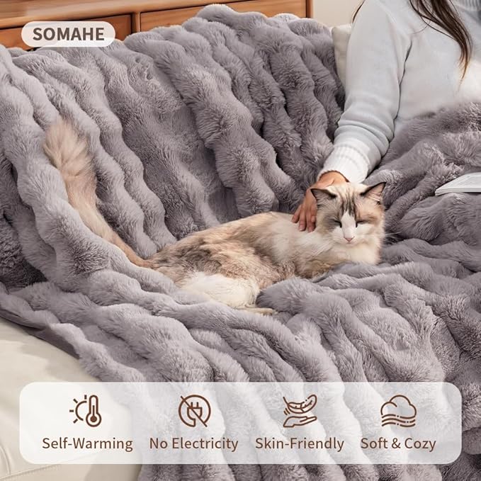 SOMAHE Self-Warming Cat Blanket, Dual-Side Plush Sherpa Throw with Anti-Static, Snuggle Mat for Kittens & Cats, Cozy Bed Topper for Windowsills & Couches, Machine Washable & Dryable, 21x18 Inch Gray