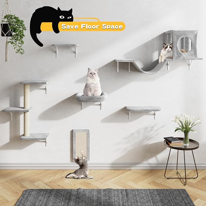 12-in-1 Cat Wall Shelves, Wall Mounted Cat Climber with Condo House, Scratching Post, Bridge Ladder, Space-Saving Indoor Play Furniture for Kittens, Gray
