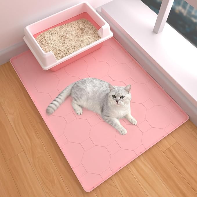 Silicone Cat Litter Mat for Litter Box-28" X 22" Litter Mat for Cat, Waterproof & Leak-Proof Trapping Design, Non-Slip Durable Easy to clean (Pink)