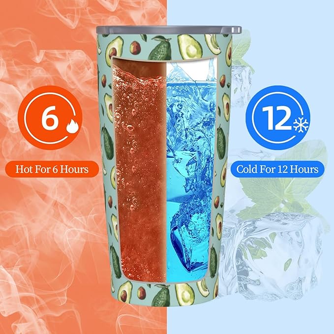 Avocado Tumbler 20oz Fruit Stainless Steel Insulated Tumblers with Lid and Straw Fruits Travel Coffee Mug Tea Wine Cups Water Bottle Avocado Gifts for WomenAvocado Lover