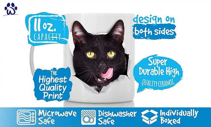 Thirsty Black Cat Coffee Mug - Ceramic Funny Coffee Mug - Perfect Cat Lover Gift - Cute Novelty Coffee Mug Present - Great Birthday or Christmas Surprise for Friend or Coworker, Men and Women (11oz)