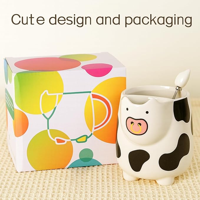 Yuwu 17oz Cow Mug with Built-in Tea Bag Holder and Spoon-Cute Glossy Ceramic Animal Cup for Milk Tea, Coffee, Kids, Girls-Farm Gift for Birthday, Christmas (white)