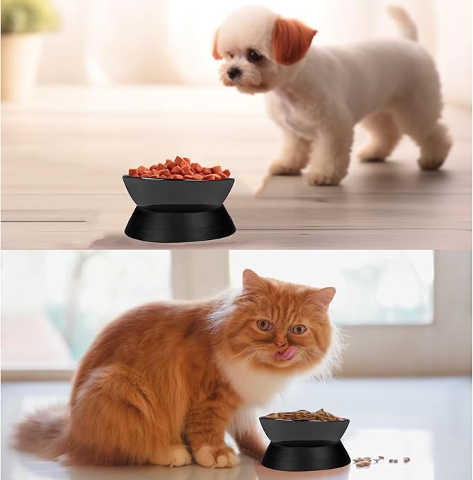 French Bulldog Food Bowl- Slanted Tilted Pug Food Water Bowl,Cat Bowl- Feeder for Frenchie/Shih Tzu/Flat Faced Small Dogs/Puppies/Cats (Black（Ceramic）, 2 Cup)