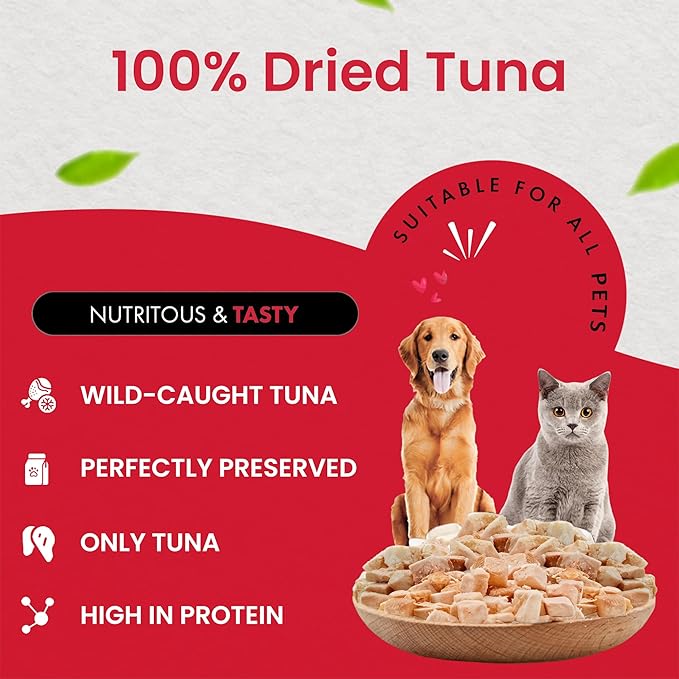 Tuna Cat Treats, 100% Wild Caught | Freeze Dried Dog Treats, High Protein | Grain-free, Single Ingredient Cat & Dog Food Toppers | No Additives or Preservatives | Inspected & Tested in USA | 1.7 oz