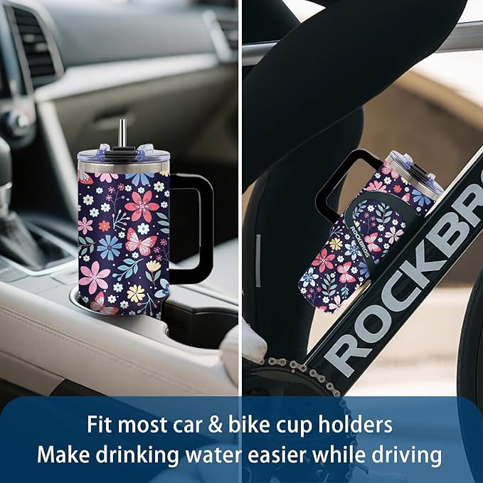 Gifts for Women - Floral Tumbler 40oz with Handle and Straws, Leak-proof, Stainless Steel Insulated Travel Coffee Mugs for Flower Themed Cups, Female Birthday Christmas Gifts