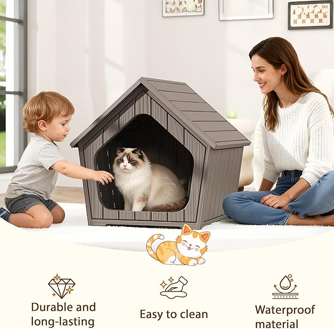 Cat Litter Box Enclosure, Hidden Covered Litter Box Furniture with Air Holes, Resin Outdoor Cat House Weatherproof, Wide Opening Design for Easy Cleaning, Grey