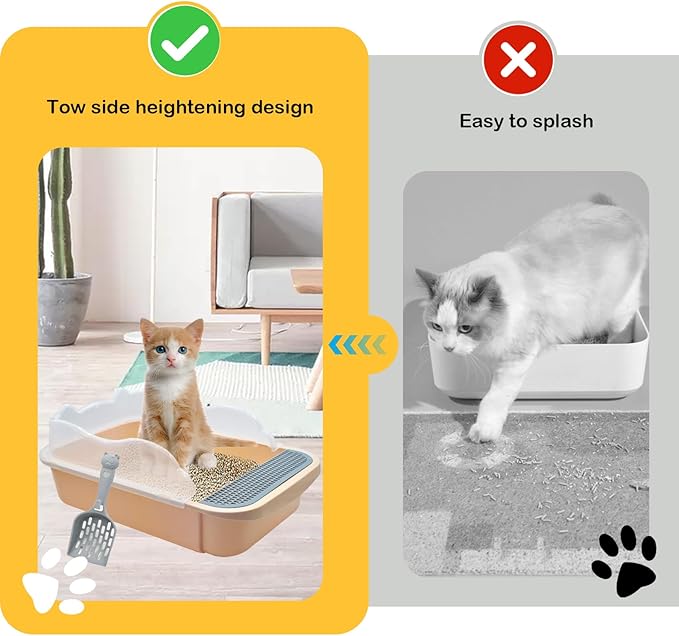 Open Cat Litter Box with High Side,Anti-Splashing Cats Litters Pan,Kitten Toilet with Litter Sifting Scoop,Semi-Enclosed Removable Kittens Litter for Boxes Easy to Clean No Odork(Khaki)