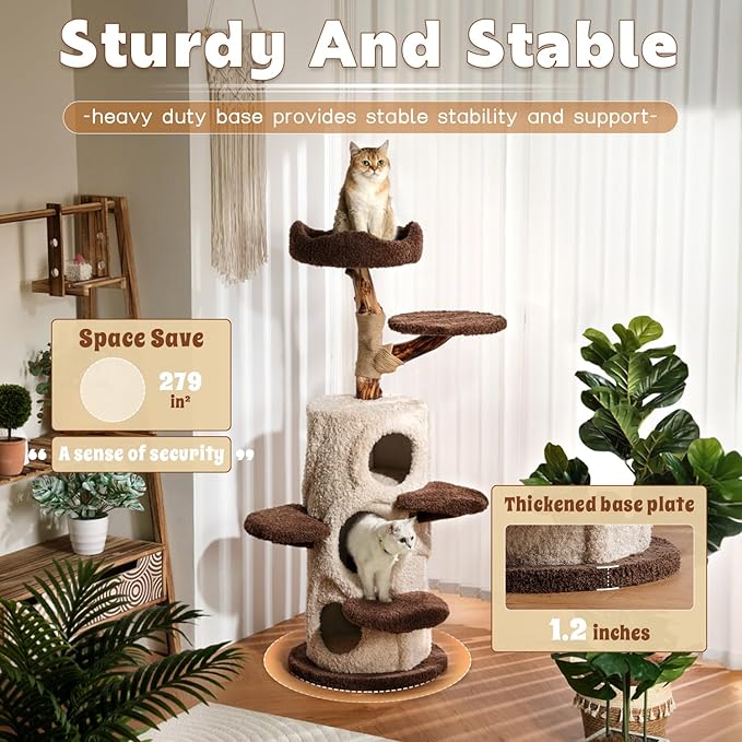 Modern Cat Tree for Indoor Cats,54.7'' Tall Luxury Treehouse Cat Tower with Wood Scratching Posts for Decoration,3 Level Condo with Soft Perchs,Viewing Bed,Heavy Duty Wide Base for Small Large Cats