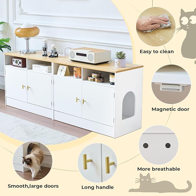 Cat Litter Box Enclosure for 2 Cats, TV Stand with Storage & Outlet, 63" Double Litter Box Enclosure Furniture, Wooden Enclosed Litter Box Cabinet, 63”L x 15.7”W x 23.6”H, White & Wood