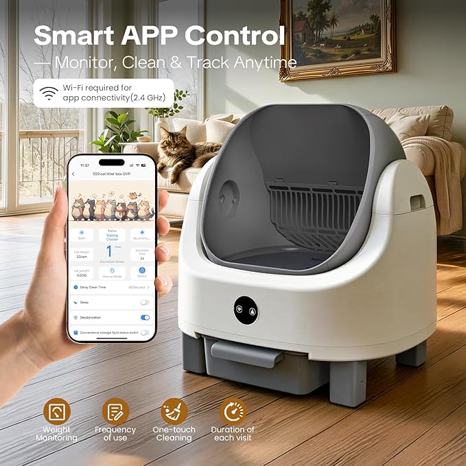 OROLEYp Automatic Cat Litter Box, Self-Cleaning Litter Box with APP Monitoring, Extra Large Capacity, Odor Control System, Infrared Safety Protection, Litter Box for Multiple Cats (Gray)