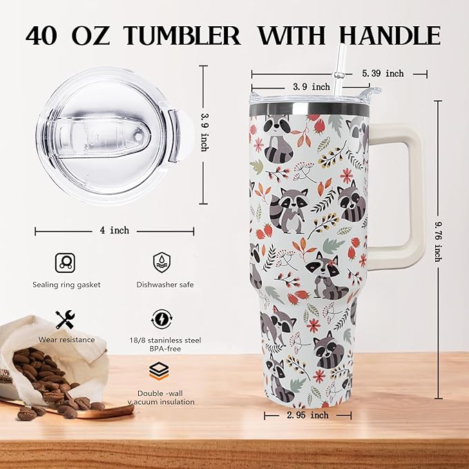 Ceovfoi 40 Oz Racoon Tumbler With Handle, Coffee Travel Mug Cup Water Bottle, Racoon Decor, Gifts for Women