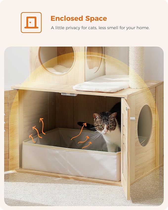 MUTTROS Cat Tree with Litter Box Enclosure, 50" Modern Cat Tree for Large/Fat Cats with Cat Condo, Wooden Cat Furniture with Large Hammock and Top Perch, Beige