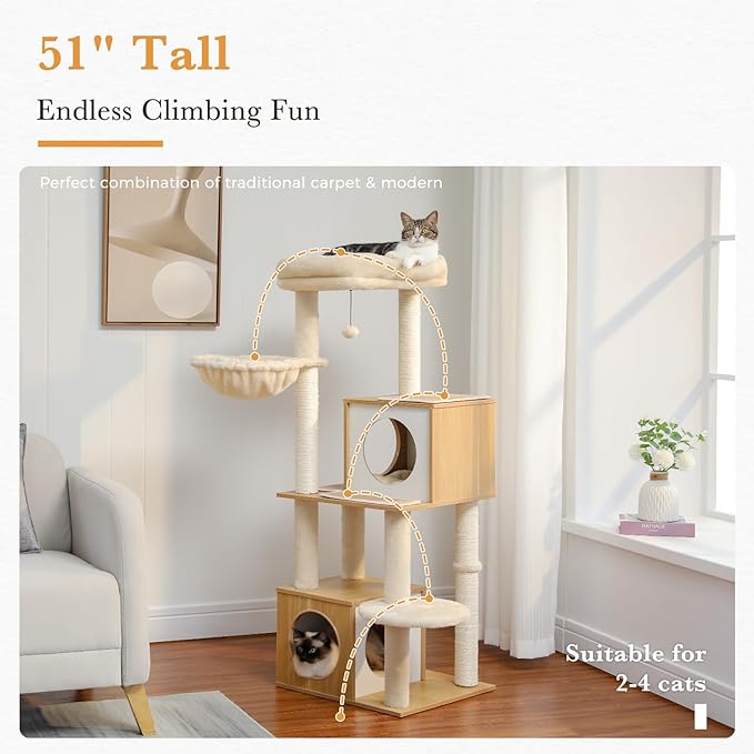 PAWZ Road Large Cat Tree, 51 Inches Wooden Cat Tower with Double Condos, Spacious Perch,Soft Hammock and Totally Wrapped Sisal Posts for Large Indoor Cats-Beige