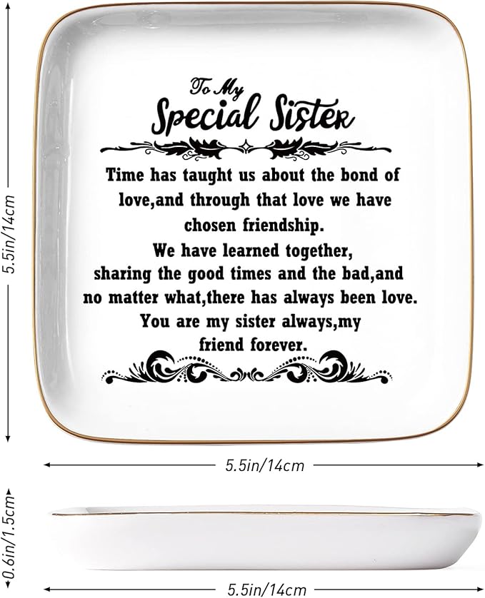 PUDDING CABIN Mother's Day Sister Gifts from Sister Birthday Gifts, Ceramic 5.5inch Jewelry Dish Ring Tray - “You are My Sisters Always, My Friend Forever Gift for Big or Little Sisters