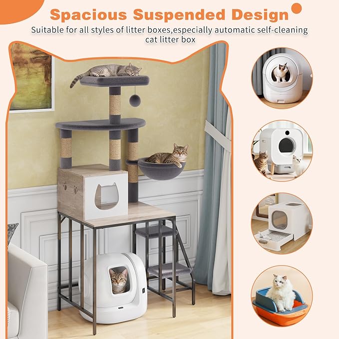 HavenlyYouth Cat Tree for Self-Cleaning Litter Box, 67.3''H Multi-Level Cat Tower for Automatic Litter Box 28.9H*24.1''L*21.1''D, Cat Tree Furniture with Perch and Cozy, Light Gray